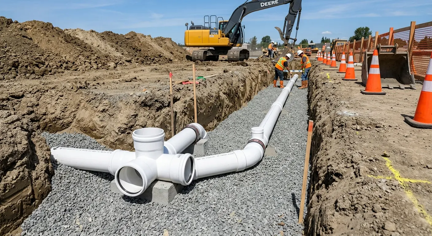 New PVC sewer pipe installation in open trench for Commercial Drain Cleaning in New Prague