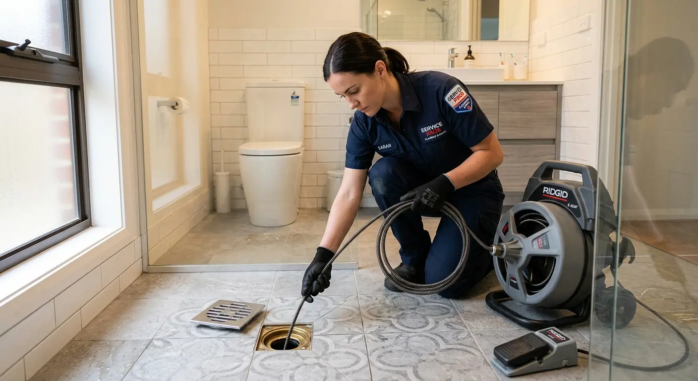 Technician clearing a bathroom floor drain for Hydro Jetting in New Prague